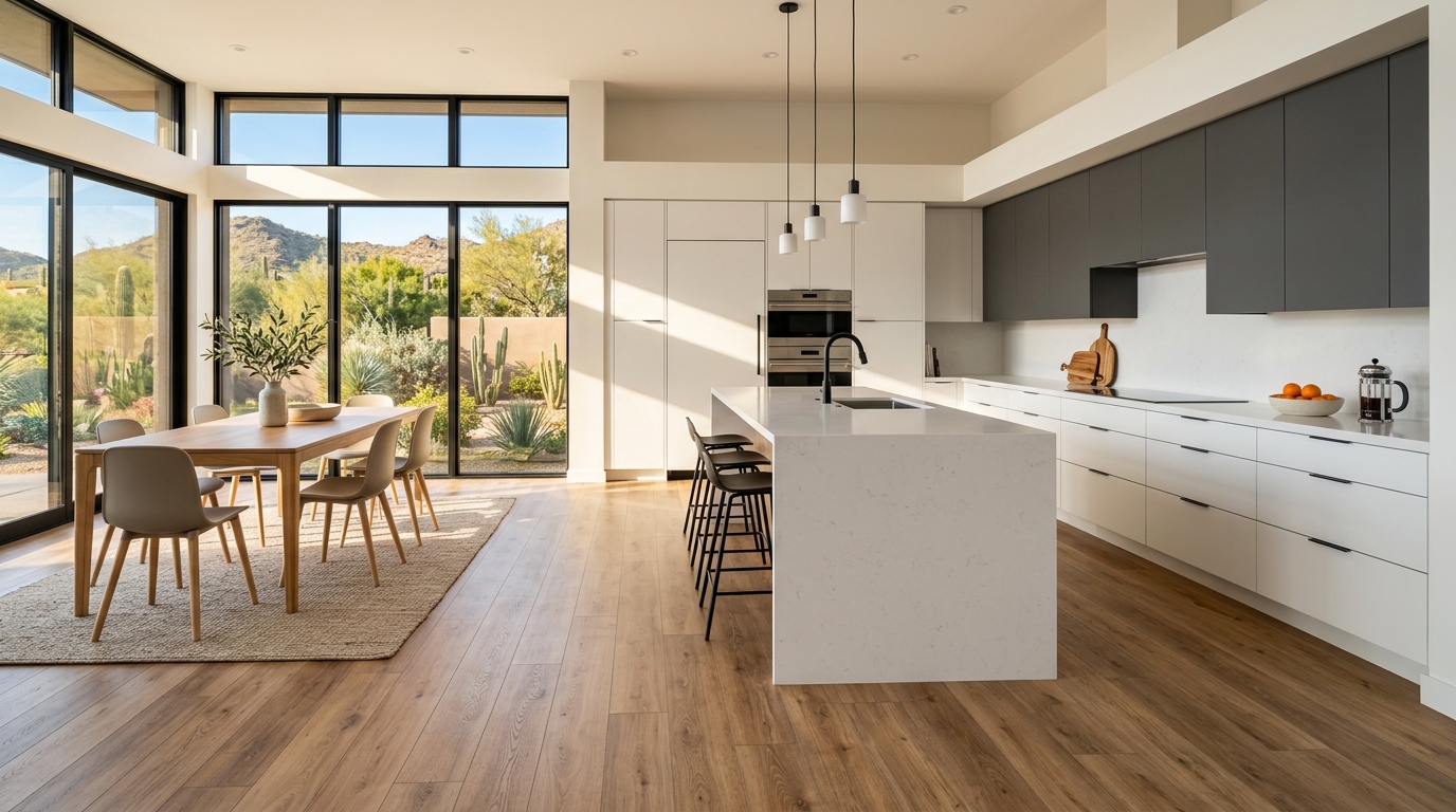 A modern kitchen featuring luxury waterproof vinyl flooring with a natural wood grain finish, professionally installed by Wood Floor Installers Inc. in a Palm Springs residence.